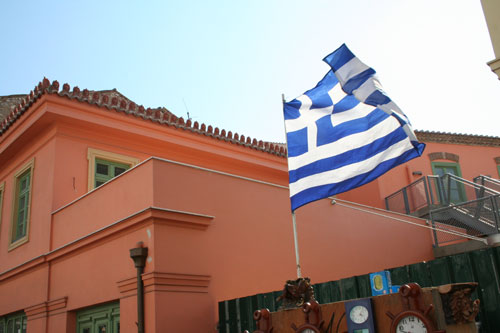 Greek flag on a market place