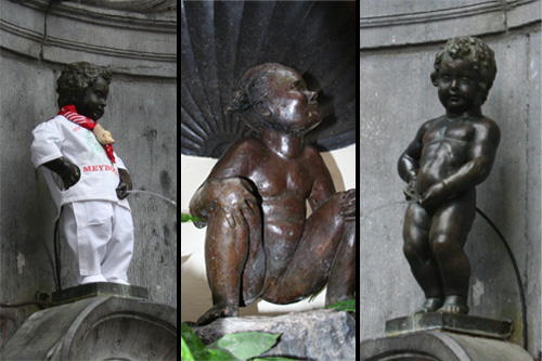 Manneken Pis (dressed), his "sister" Janneken Pis,  Manneken Pis (naked)