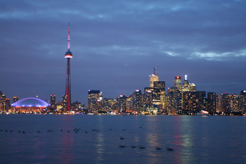 Skyline of Toronto - Rogers Centre and CN-Tower and skyscrapers